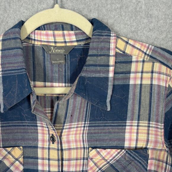 Natural Reflections Flannel Shirt Small Navy Pink Worn Faded GORP Hiking Camping - Picture 5 of 10